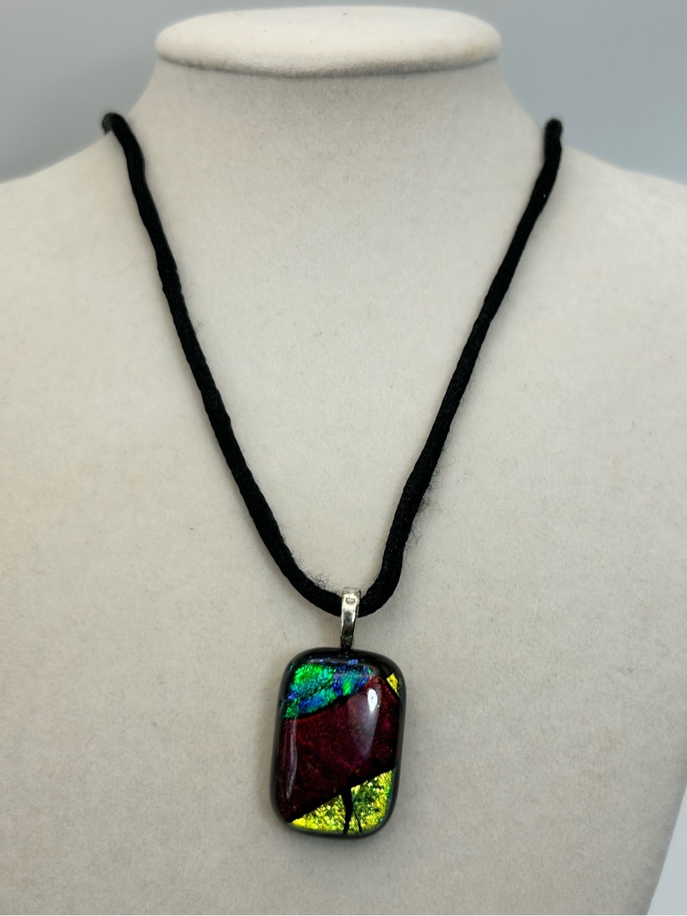 Iridescent Red Green Blue Dichroic Glass Pendant Necklace Black Cord 16" - 18"